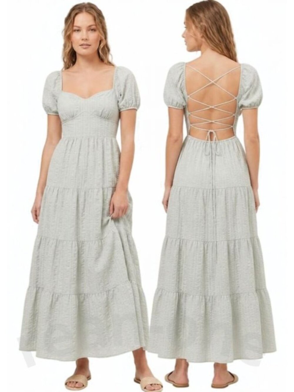 Forever 21 Puff Sleeve Crisscross Tie Back Tiered Skirt Maxi Dress Size Medium